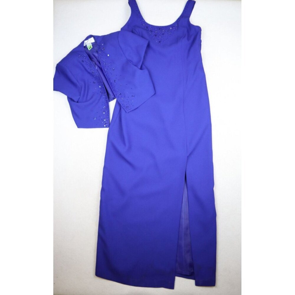 JR NITES BY CALIENDO BLUE LONG SHEATH EVENING DRESS W/ SHRUG JACKET - SIZE 10